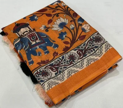 Linen Kalamkari Style Printed Saree - Mustard Yellow